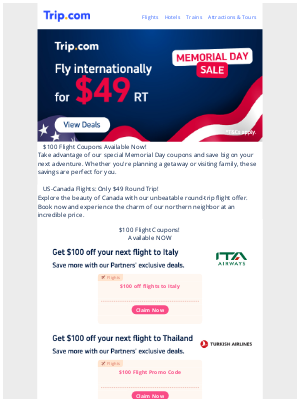 Trip Network - Memorial Day Sale: $100 Flight Coupons