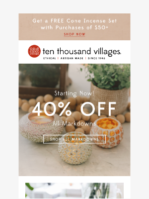 Ten Thousand Villages - Limited Time: Save an EXTRA 40% on Unique Finds! 🌟