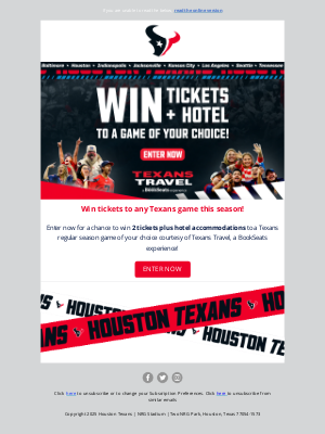 Houston Texans - Win Tickets + Hotel to any Texans Game of Your Choice!