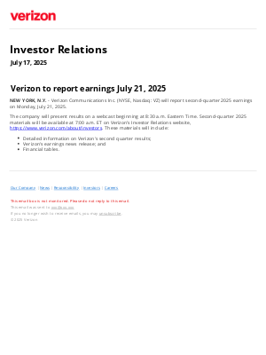 Verizon - Verizon to report earnings July 21, 2025