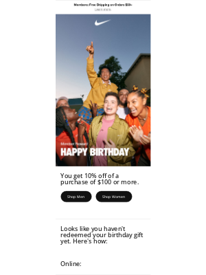 Nike - Mailcharts, last chance to redeem your bday gift—10% off $100+