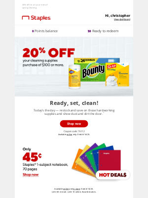 Staples - 20% off for all your end-of-spring cleaning.