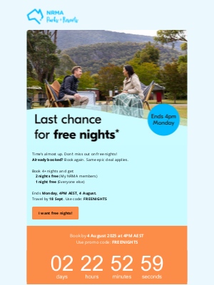 NRMA Parks and Resorts (Australia) - Final days! Up to 2 nights FREE* ends Monday