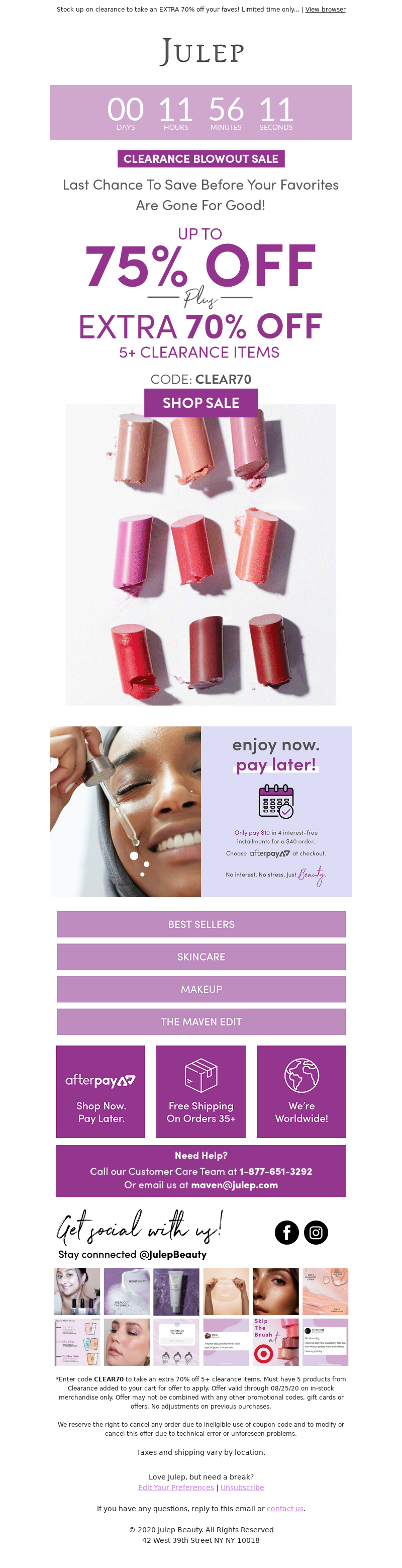 Julep discount and promotional email for clearance products