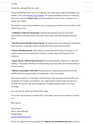 Property Week - Rental Living Awards Deadline Extended
