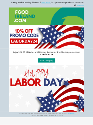 Food Ireland - Happy Labor Day Weekend - 10% Off All Orders!