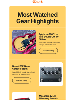 Reverb - A TV Yellow LP, B-stock Geddy Lee Minimoog & more