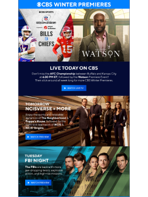 CBS - Tonight on CBS: AFC Championship & Watson Premiere Event