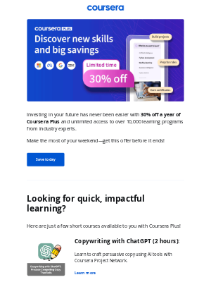 Coursera - 🌟30% off: Short courses for the weekend