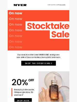 MYER (Australia) - Stocktake sale online now. Shop up to 50% off selected bedding, fashion and more!