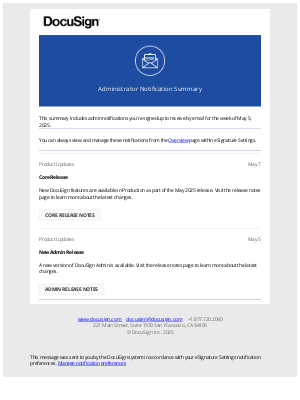DocuSign - Administrator Notification Summary: Week of May 5