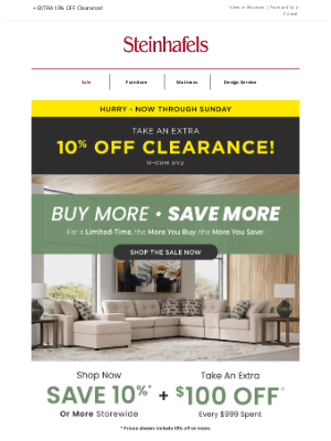 Steinhafels - Take an EXTRA $100 OFF Every $999 💰