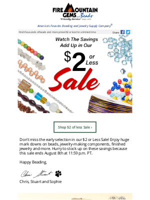 Fire Mountain Gems and Beads - Yippee! The $2 or Less Sale is On! Save Big on Thousands of Beads and More Marked Down