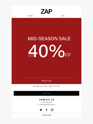 ZAP CLOTHING - 40% off Mid-Season Sale