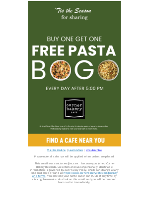 Corner Bakery Cafe - FREE PASTA