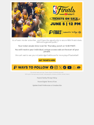 Indiana Pacers - Get NBA Finals tickets on June 5!
