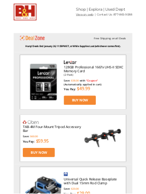 B&H Photo Video - Today's Deals: 🔥 $38.00 OFF! Lexar 128GB Memory Card & More!