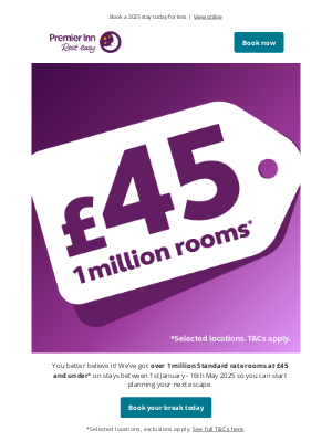 Premier Inn (United Kingdom) - ★ 1 million rooms at £45 & under ★