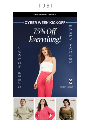 Tobi - 75% Off Everything - Cyber Week starts here! 🛍️💄