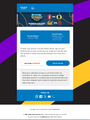 Golden State Warriors - Your Presale for Invisalign Bay Area Women's Classic Begins at 10AM