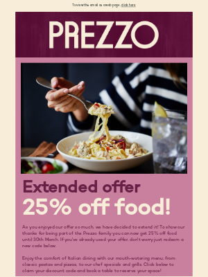 Prezzo (UK) - 25% off food extended!