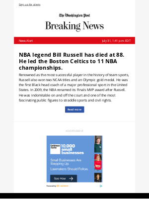 Washington Post - News Alert: NBA legend Bill Russell has died at 88. He led the Boston Celtics to 11 NBA championships.
