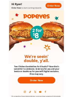 Popeyes Louisiana Kitchen - 👉 2 Chicken Sandwiches for $8!