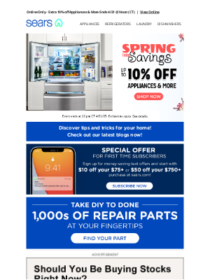 Sears - Spring into Savings Sale! 🌷💰 Extra 10% off appliances & more awaits