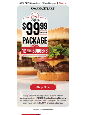 Omaha Steaks - Grab this $99.99 pkg. w/ 12 FREE burgers.