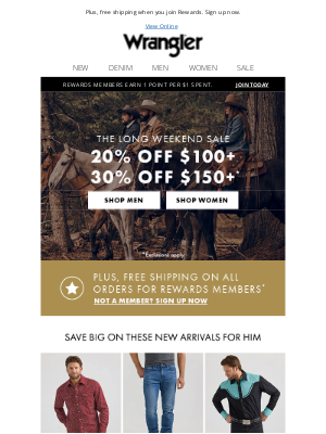 Wrangler - 20% off $100, 30% off $150+