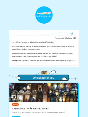 Jack's Flight Club (Canada) - New: *free bag* Casablanca 🏮 in $850s-$1240s RT