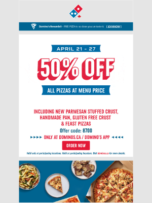 Dominos (Canada) - 50% off all pizzas ends soon! 🍕