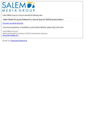 Salem Web Network - Salem Media Group has Released its Second Quarter 2025 Quarterly Report