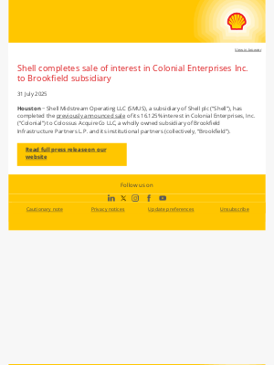Shell - Shell completes sale of interest in Colonial Enterprises Inc. to Brookfield subsidiary