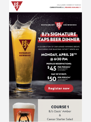 BJs Restaurants - Last chance to get tickets to BJ’s Signature Taps Beer Dinner
