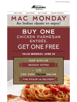 Romano's Macaroni Grill - Chicken Parmesan BOGO - Buy One, Get One FREE! 🍝