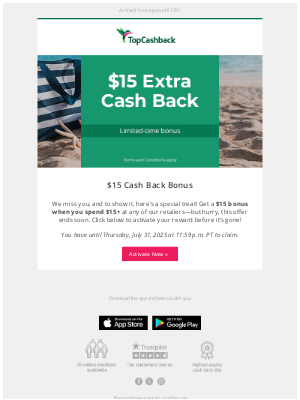 TopCashback - $15 Cash Back just for you💕