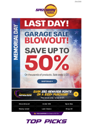 Speedway Motors - Last Day for Up to 50% Off Garage Sale Savings!