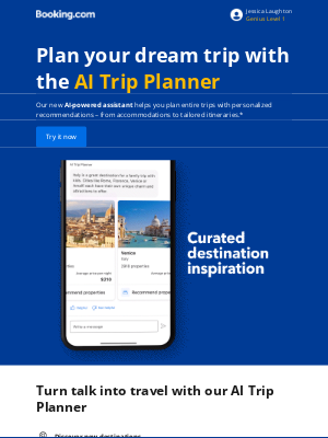 Booking - Jessica, try the AI Trip Planner – our new solution for smart trip planning ✨