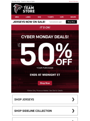 Atlanta Falcons - Cyber Monday Kickoff: Up To 50% Off Is Live!