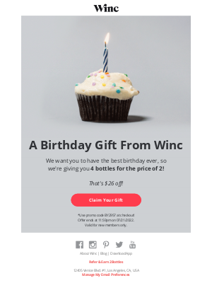 Winc - Happy birthday! Get $26 off your first box!