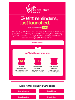 Virgin Experience Days (United Kingdom) - Just LAUNCHED: 🚀 Gift Reminders.