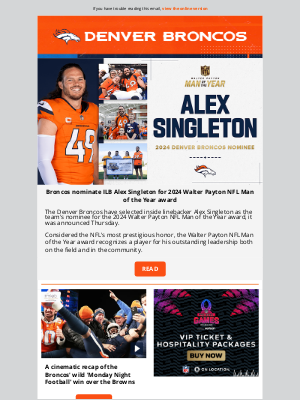 Denver Broncos - OJ: Broncos nominate ILB Alex Singleton for 2024 Walter Payton NFL Man of the Year award