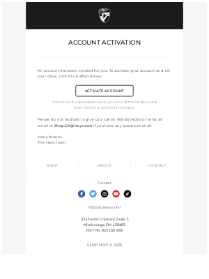 Heys International (Canada) - Customer account activation