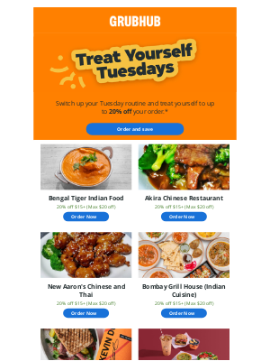 GrubHub - 20% off Bengal Tiger Indian Food and more makes Tuesdays better