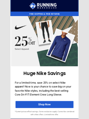 Running Warehouse - 25% Off Your Favorite Nike Men's Apparel! Plus, Save 30% on Select Shoes