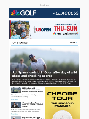 Golf Channel - J.J. Spaun leads U.S. Open after day of wild shots and shocking scores