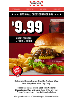 TGI Fridays - Today Only: $9.99 Cheeseburger Combo 🔥