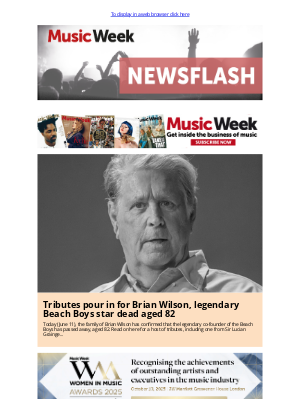 Music Week - Tributes pour in for Brian Wilson, legendary Beach Boys star dead aged 82