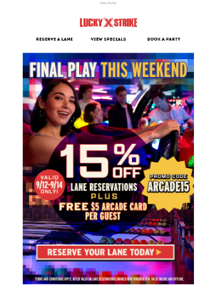 Bowlero - Last Chance To Score Big: FREE $5 Arcade Card + 15% Off Lane Reservations Ends Today! ⏳